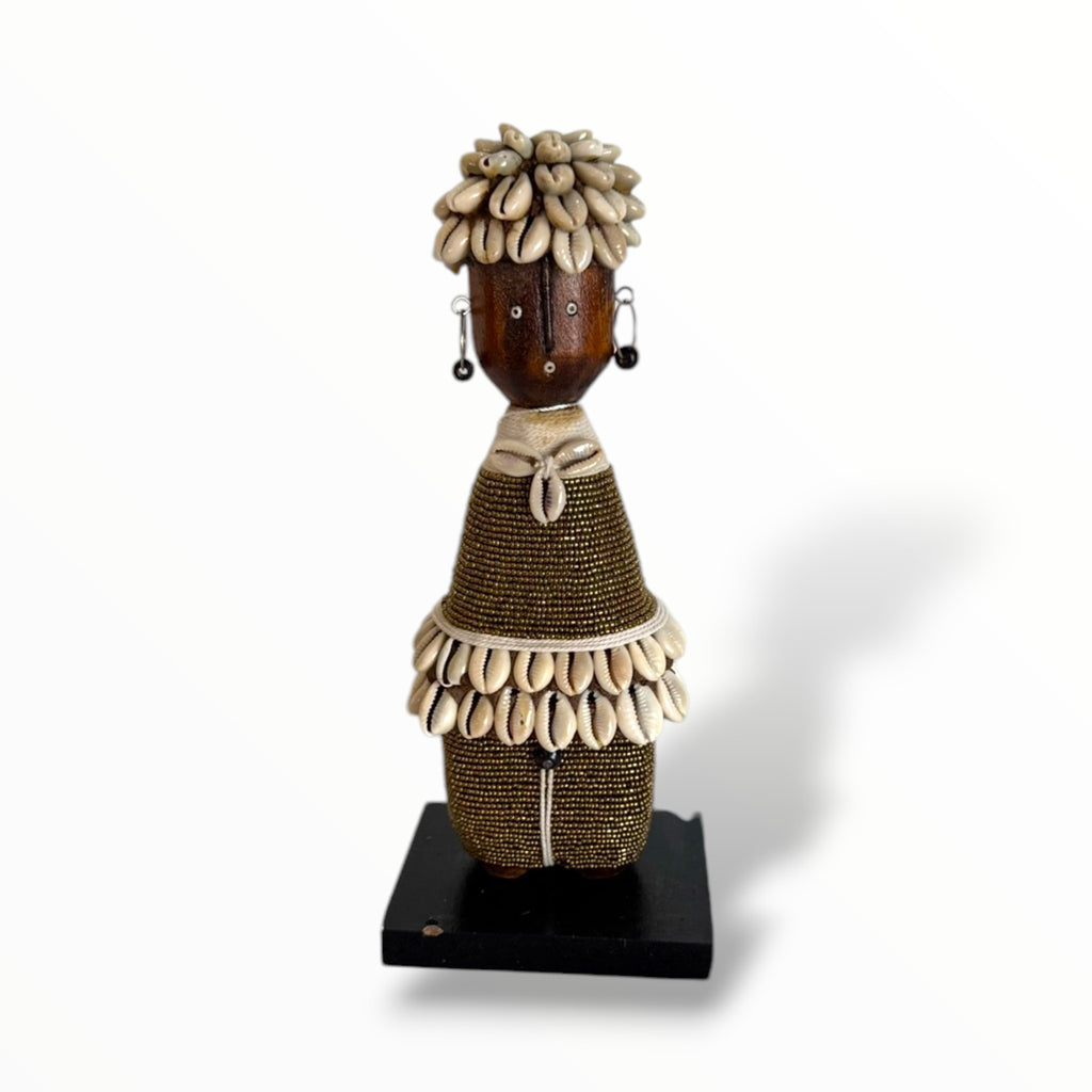 African female wooden Cameroon Fertility dolls, African Namji dolls, adorned in bronze beads