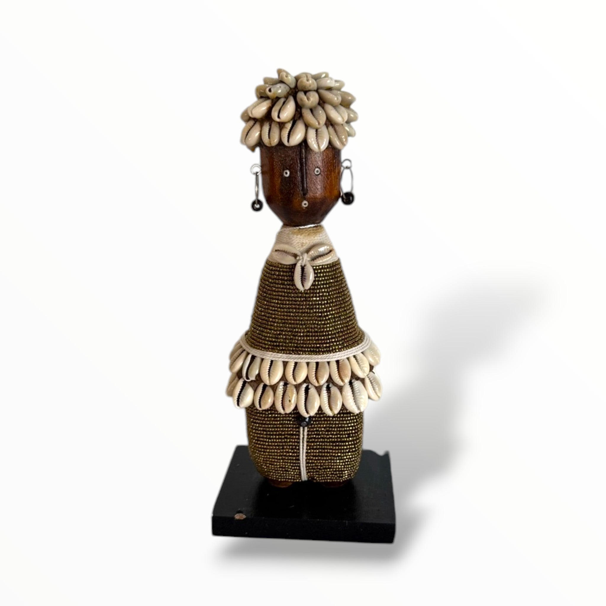 African female wooden Cameroon Fertility dolls, African Namji dolls, adorned in bronze beads
